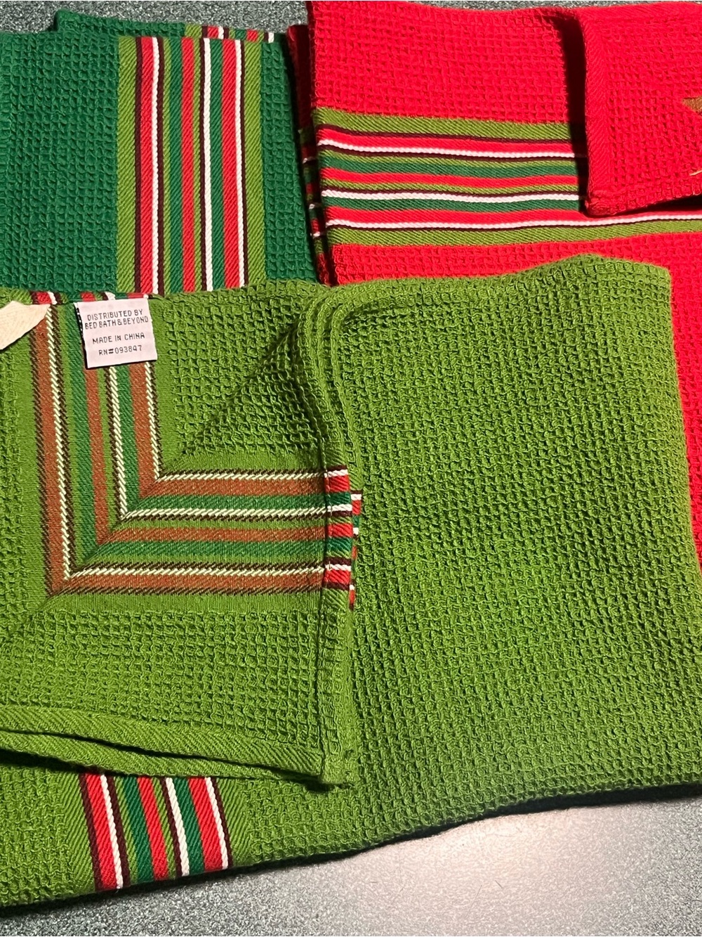 Bed Bath & Beyond Green Waffle-Weave Towel with Red and White Stripe Accents